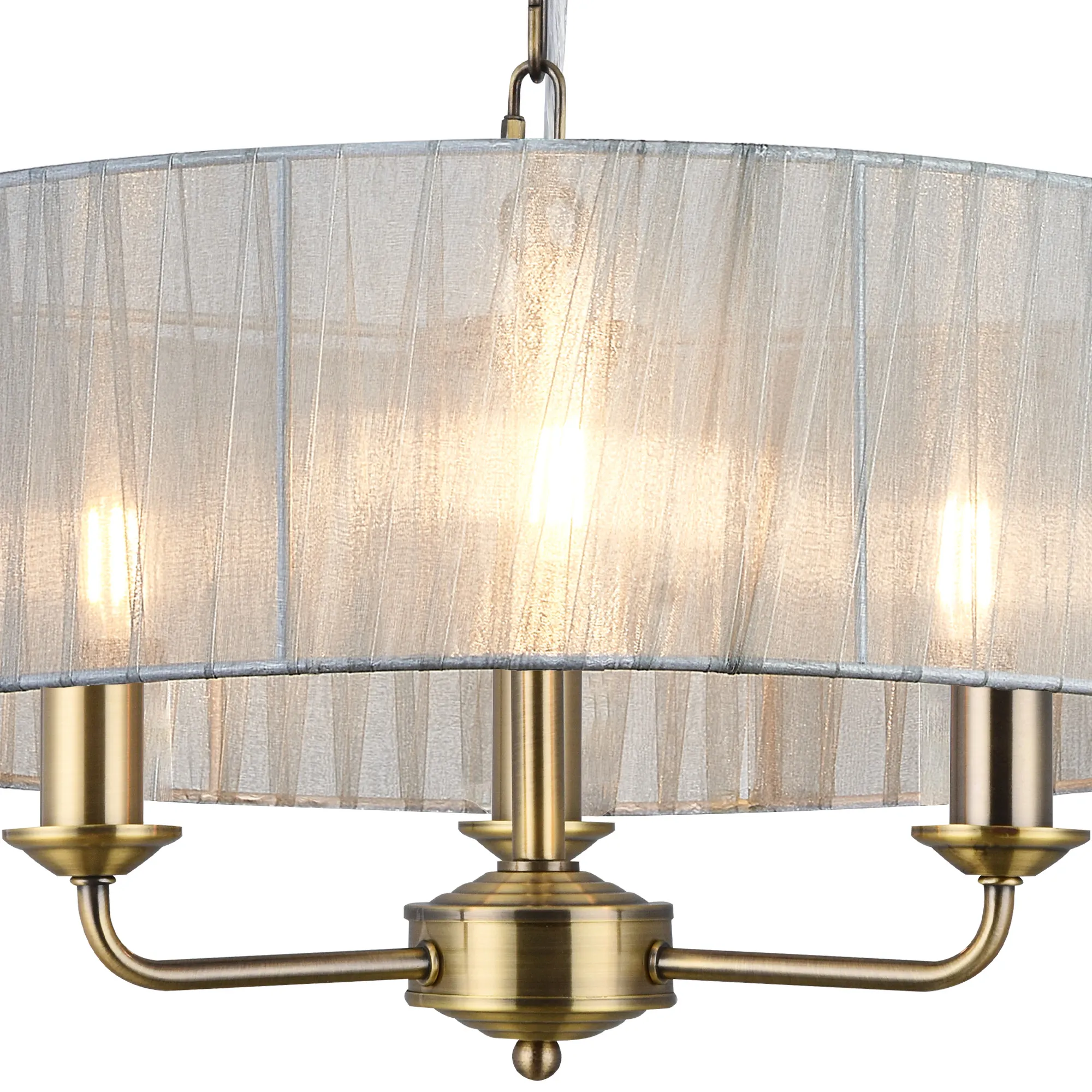 Banyan 3 Light Multi Arm Pendant With 45cm x 15cm Organza Shade Antique Brass/Grey DK0871  Deco Banyan AB GR